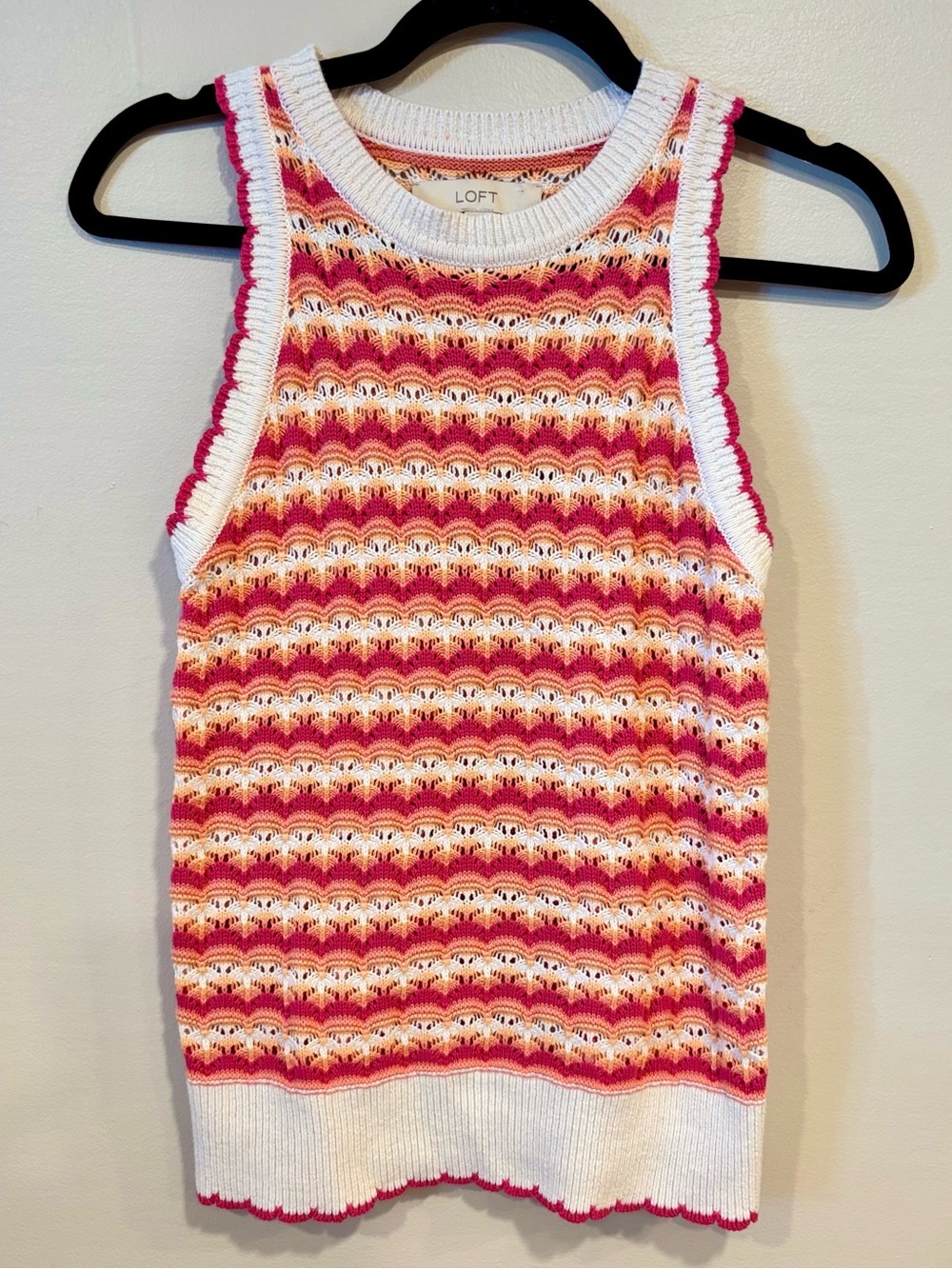 LOFT Scallop Sleeveless Sweater Tank Top Pink Orange White Chevron Knit Small